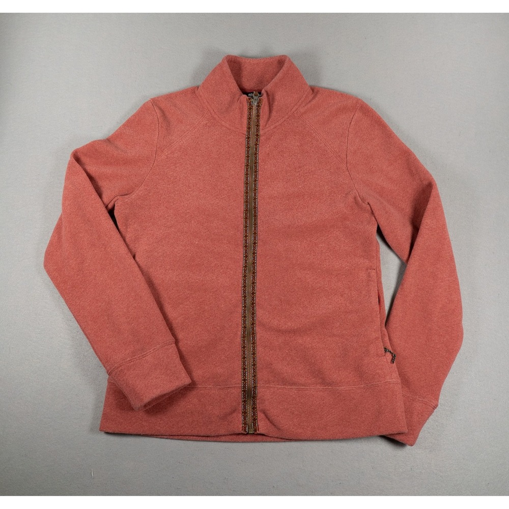 Sherpa Womens Full Zip Fleece Jacket Woven Trim Mock Neck Coral Pink Small